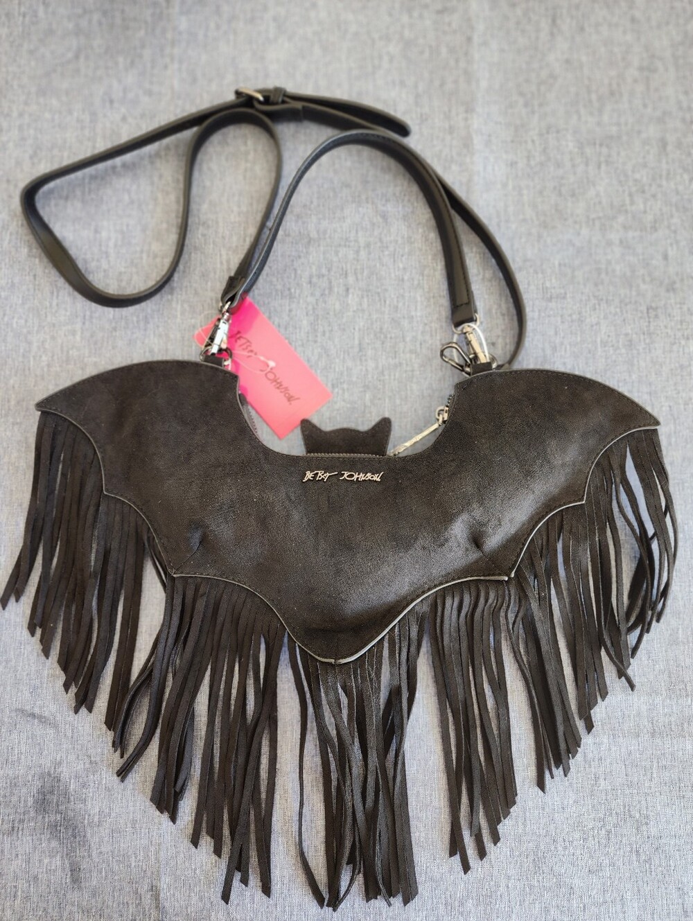 Betsey Johnson Black Fringe Bat Crossbody Bag NWT